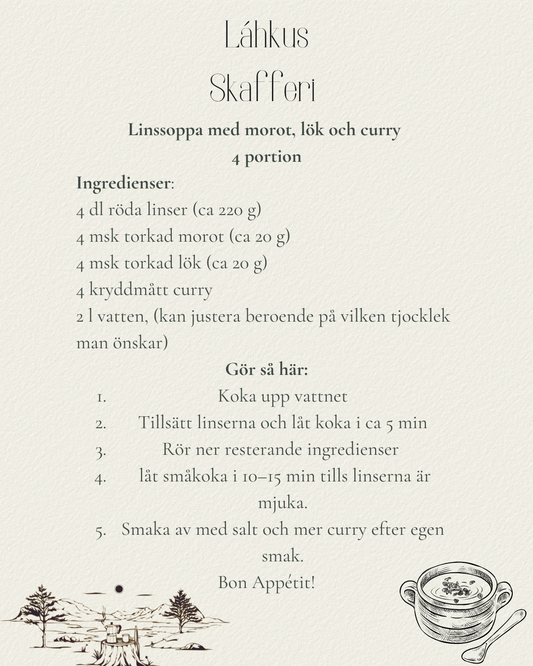 Linssoppa med morot, lök och curry för stormkök